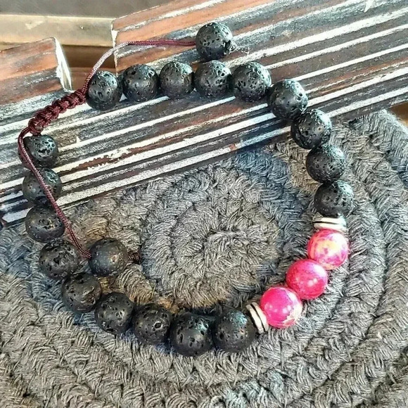 Handcrafted Chakra Bracelet Deep Pink Aqua Terra Jasper Black Lava - Picture 4 of 7
